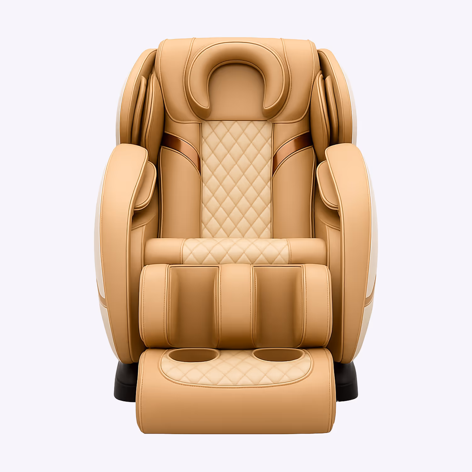 Front view of a beige leather massage chair with quilted backrest and footrest featuring cup holders.