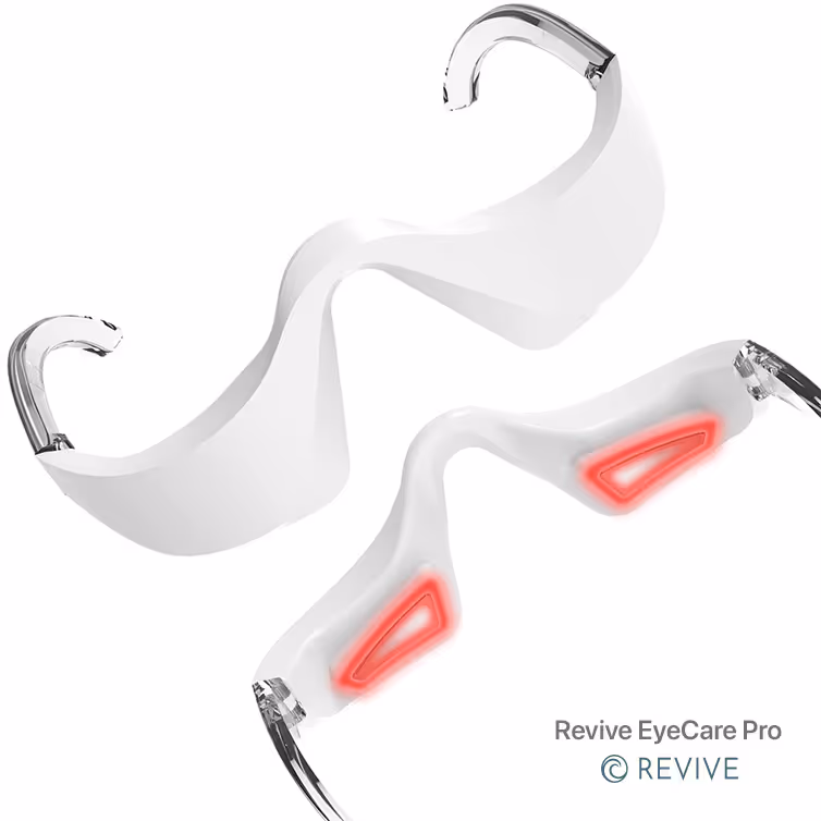 White plastic wearable device with clear hooks and red glowing sensors on the inner side.