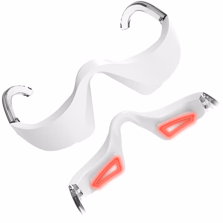 Two white curved eye massage devices with transparent hooks, one showing red illuminated massage pads.