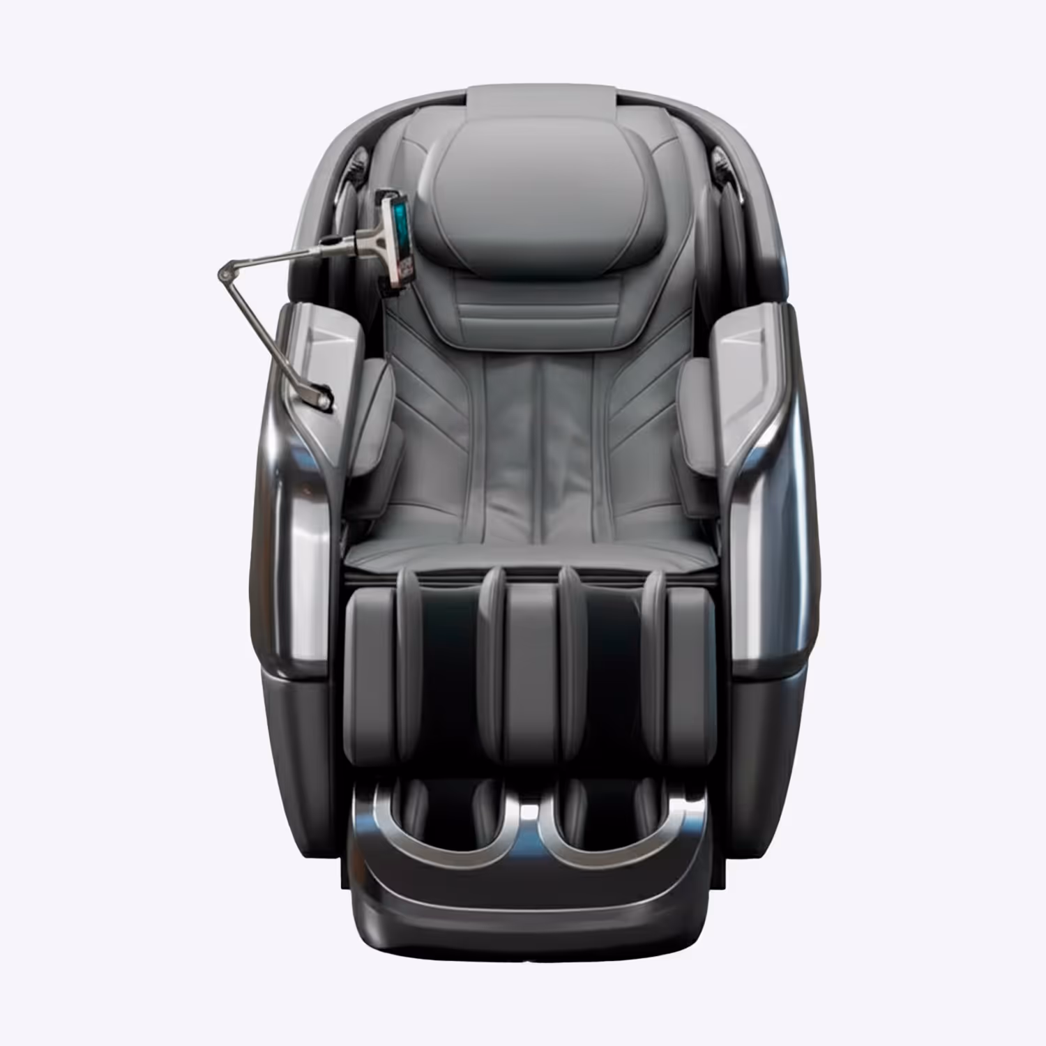 Modern gray massage chair with adjustable armrests, foot massager, and attached control panel.