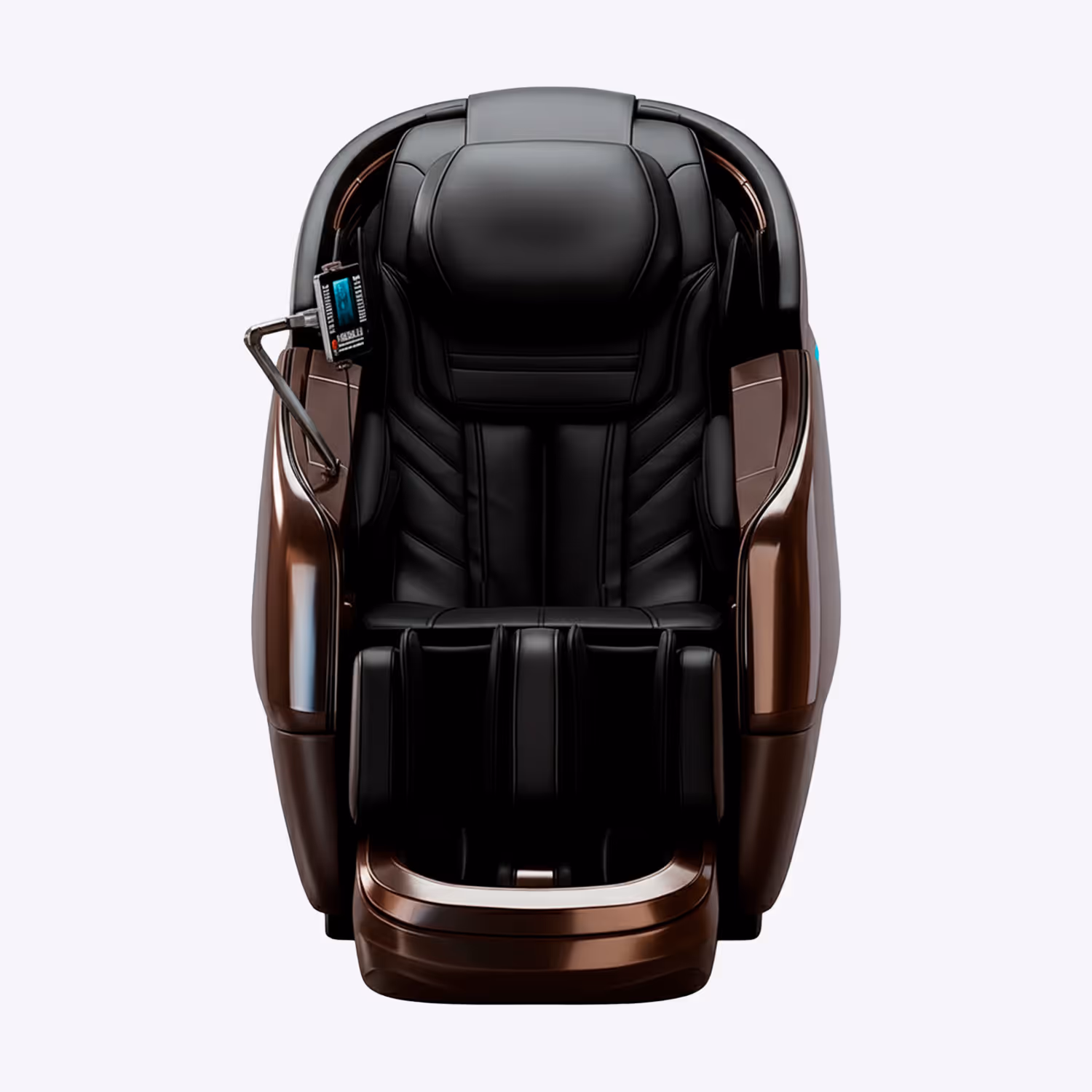 Black leather massage chair with brown exterior, padded headrest, and attached control panel on the left armrest.