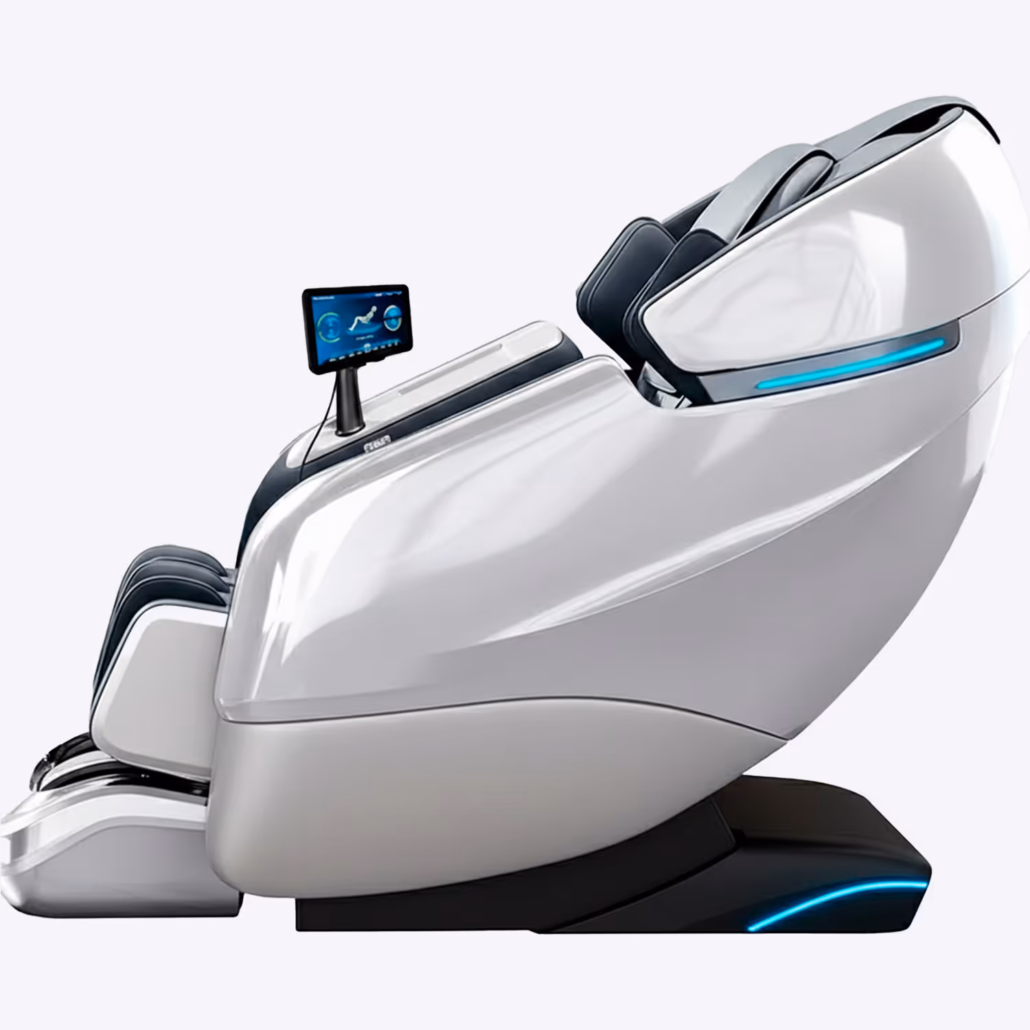 Modern white and black massage chair with built-in touchscreen control panel and blue LED accent lights.