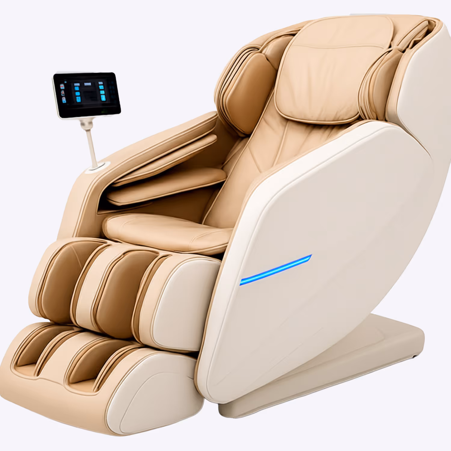 Cream and beige massage chair with foot and calf massagers and a touchscreen control panel.