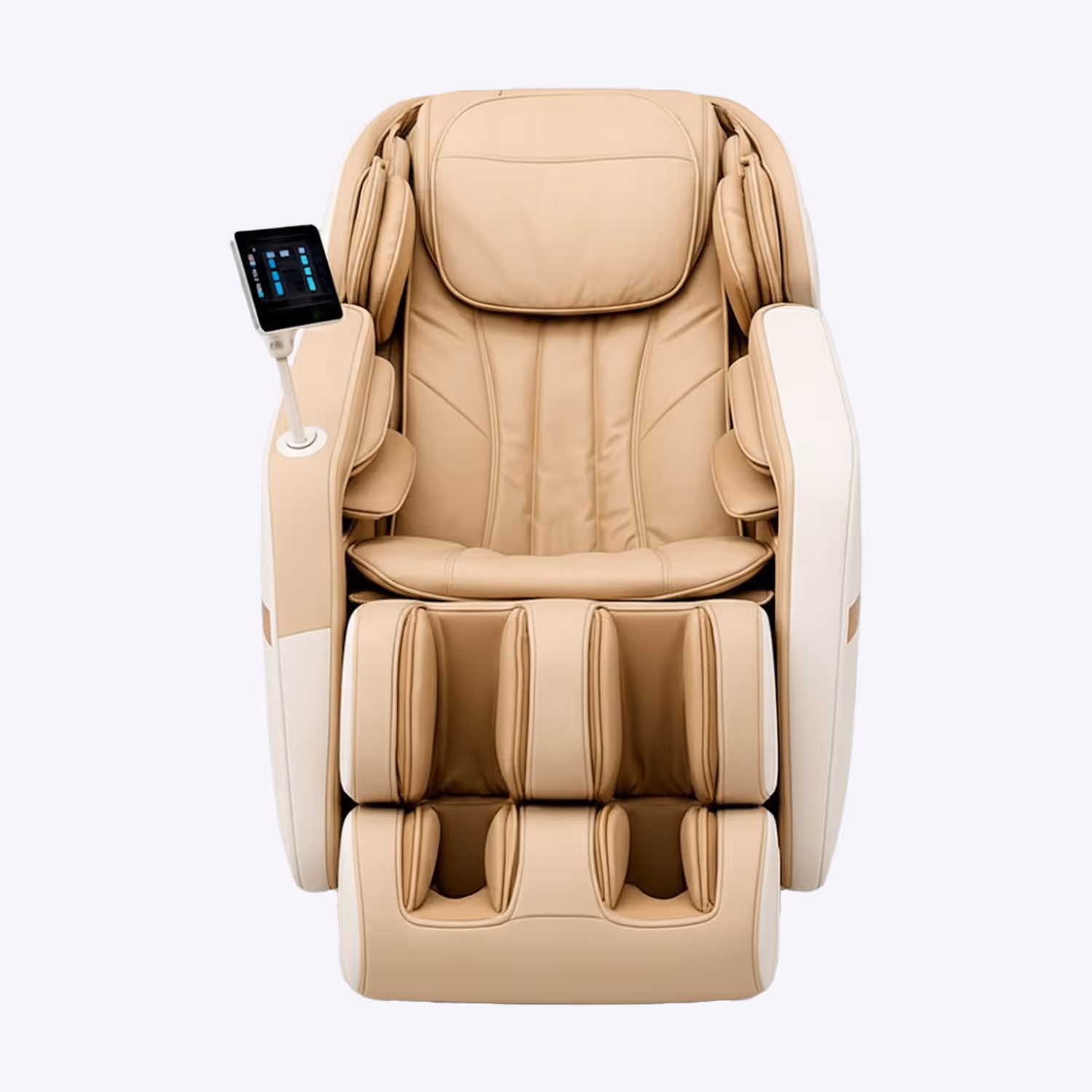 Cream-colored full-body massage chair with built-in control panel on left armrest.