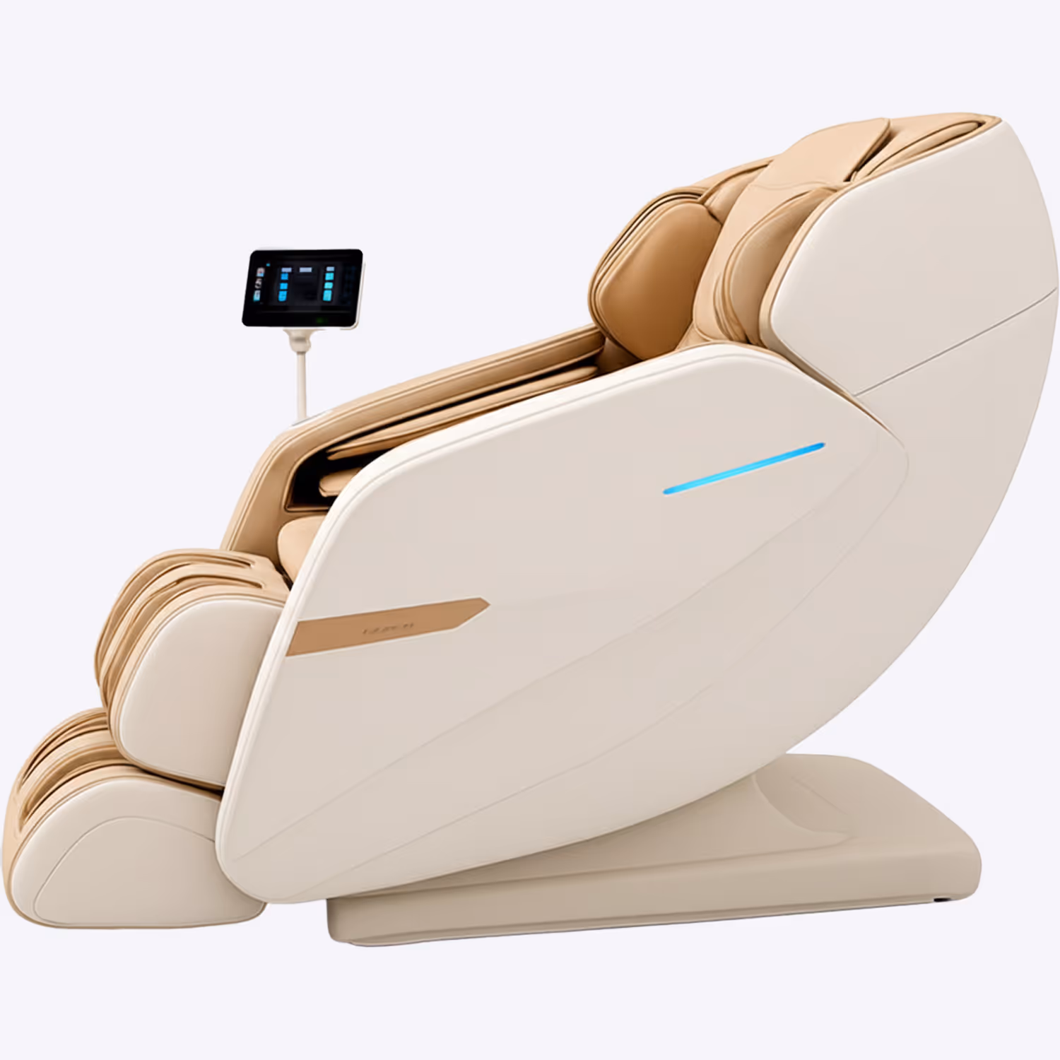 Modern cream and tan massage chair with built-in touchscreen control panel on adjustable arm.