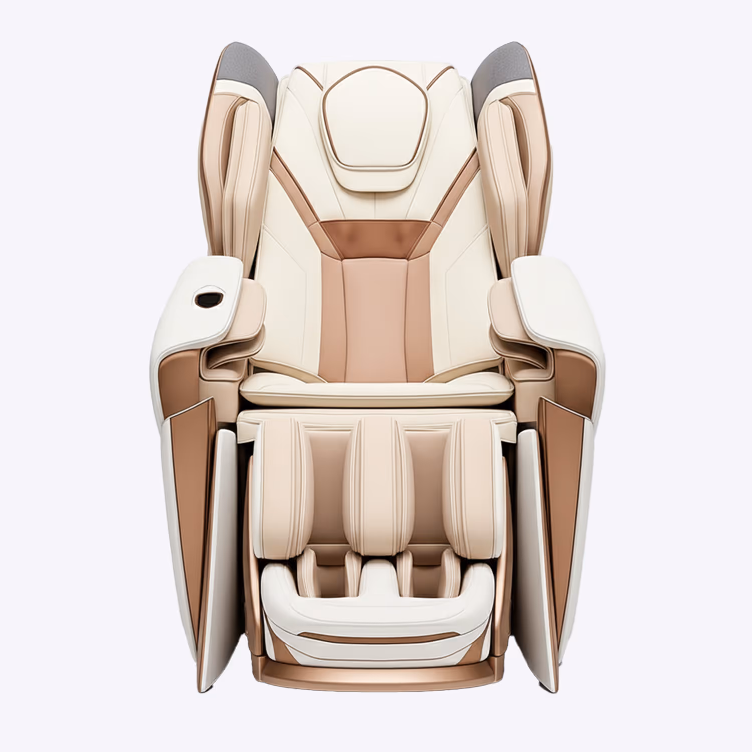 Front view of a beige and light brown luxury massage chair with padded armrests and leg supports.