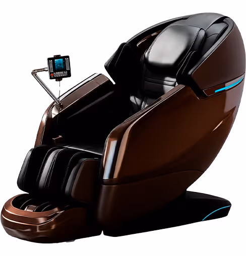 Modern full-body massage chair in brown and black with a digital control panel attached.