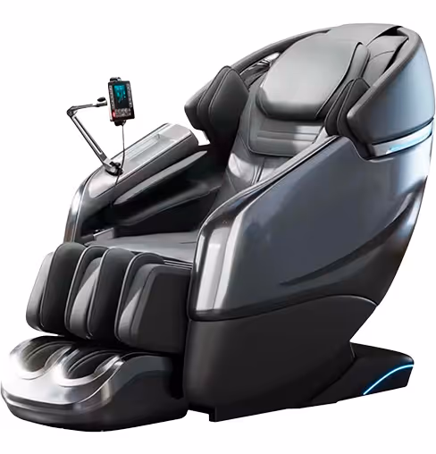 Modern black and gray massage chair with foot and leg massagers and a mounted control screen.