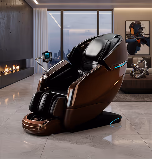 Modern brown and black massage chair with digital control screen in a stylish living room with a fireplace and abstract art.