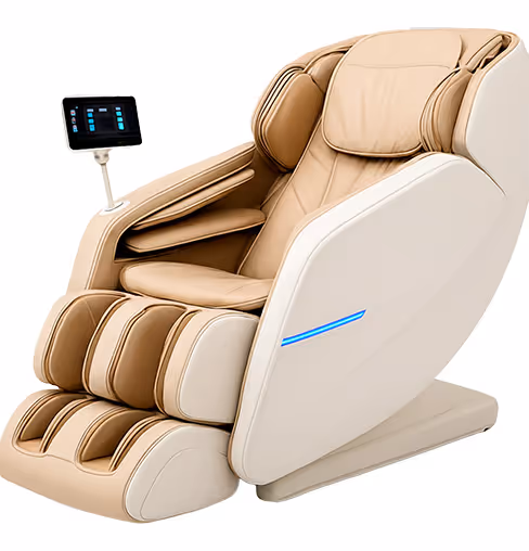 Modern beige and white massage chair with padded arm, leg rests, and a digital control panel on an adjustable arm.