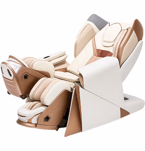 Luxurious beige and brown massage chair with multiple cushioned sections and leg rests.