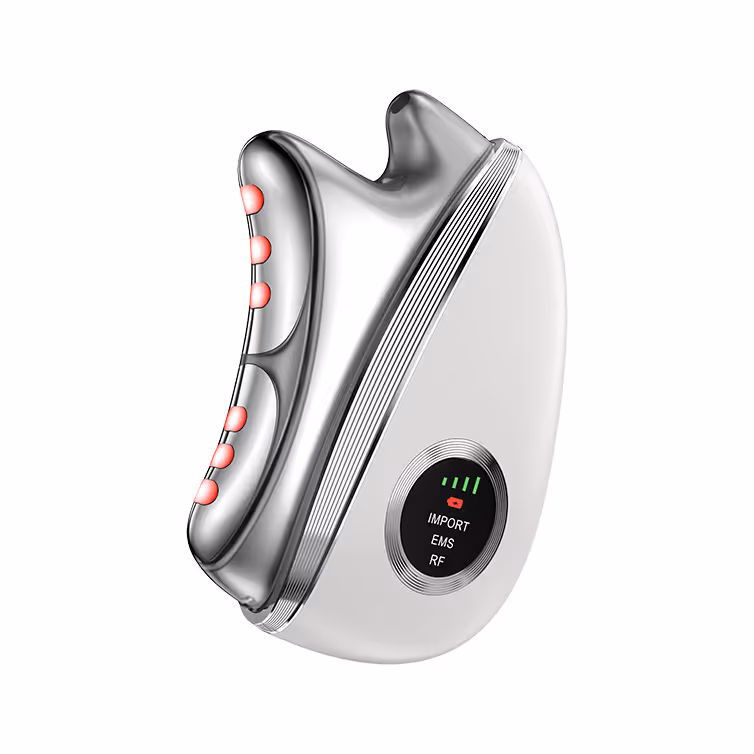 Handheld beauty device with metallic and white body featuring six red LED lights and a display showing 'IMPORT EMS RF'.