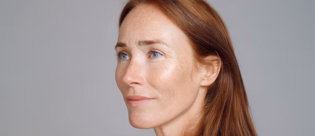 Profile of a middle-aged woman with clear skin, blue eyes, and red hair looking slightly upward against a plain gray background.