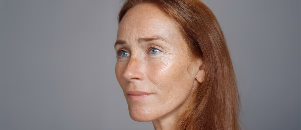 Close-up of a middle-aged woman with red hair and blue eyes looking thoughtfully to the left, against a plain gray background.