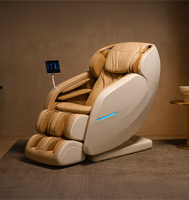 Modern beige and tan massage chair with digital control panel in a cozy room.