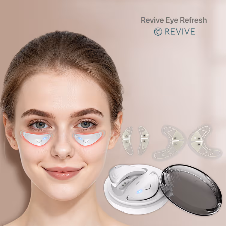 Young woman wearing Revive Eye Refresh under-eye devices with additional device sizes and white charging case displayed to the right.
