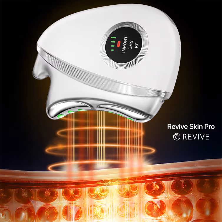 White handheld device emitting red energy beams onto layered skin, labeled Revive Skin Pro by REVIVE.