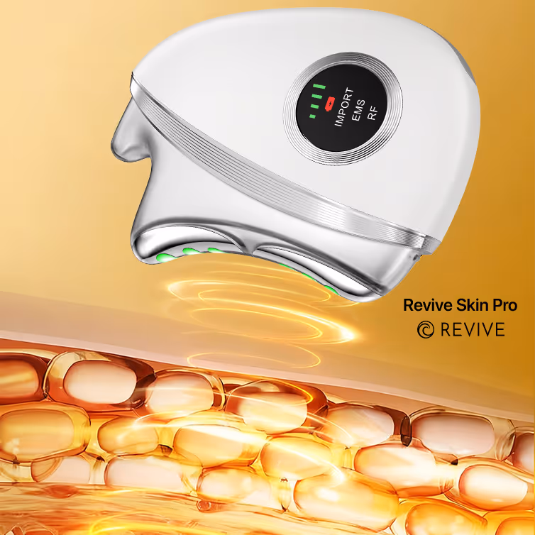 White and silver handheld beauty device emitting waves over layered skin cells, with text 'Revive Skin Pro' and Revive logo on gold background.