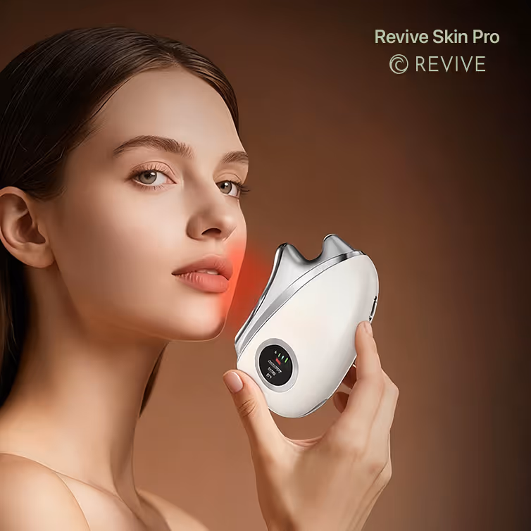 Woman holding a white handheld skincare device emitting red light near her lower cheek and jawline with 'Revive Skin Pro' text above.