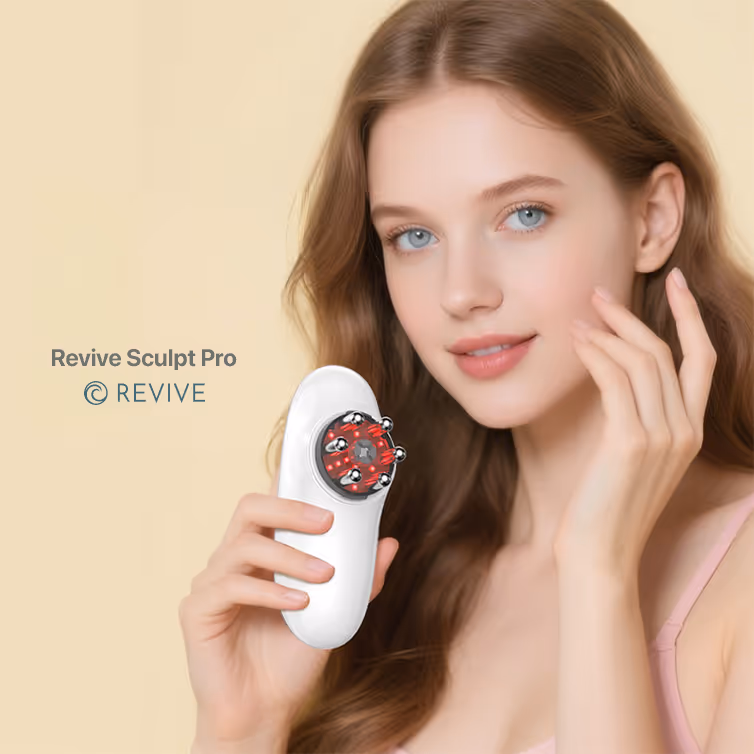 Woman with long brown hair holding a white Revive Sculpt Pro facial device against a beige background.