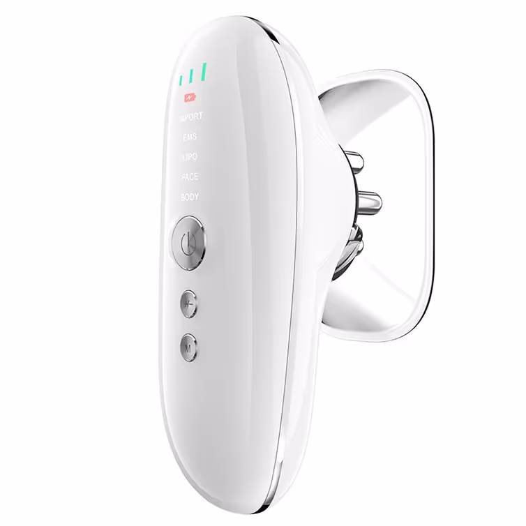 White handheld beauty device with digital display and three control buttons on the front and a metallic attachment on the back.