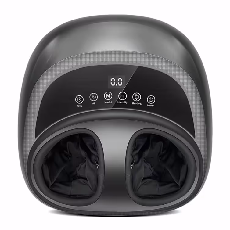 Top view of a gray foot massager with two black foot compartments and digital controls displaying time, air, model, intensity, heating, and power.