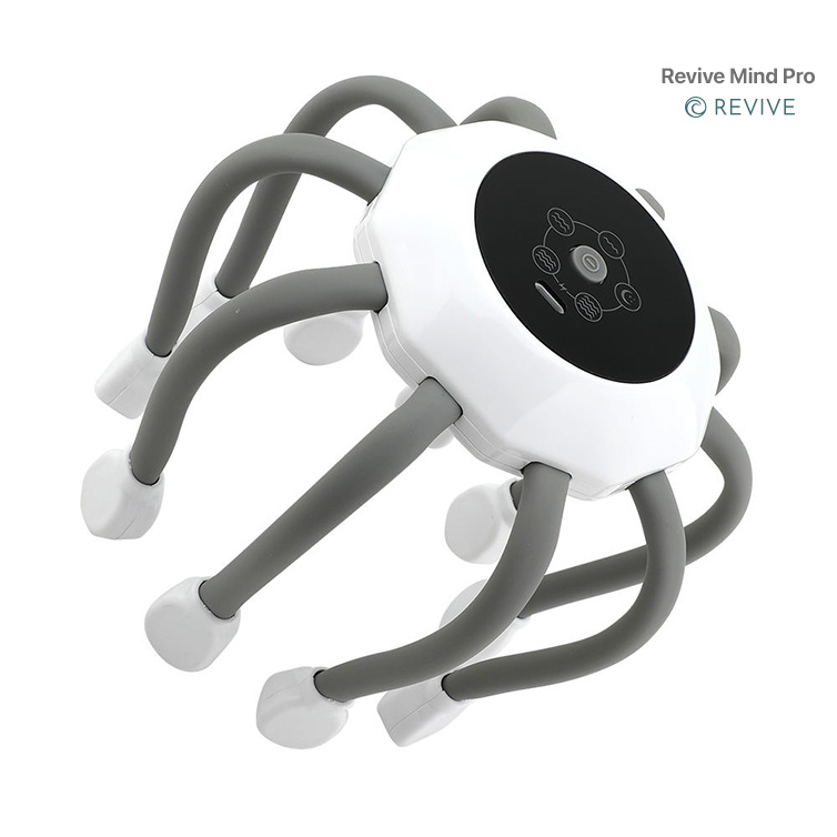 Dispositivo blanco y gris Revive Mind Pro con múltiples brazos flexibles destinados a masajes o estimulación.