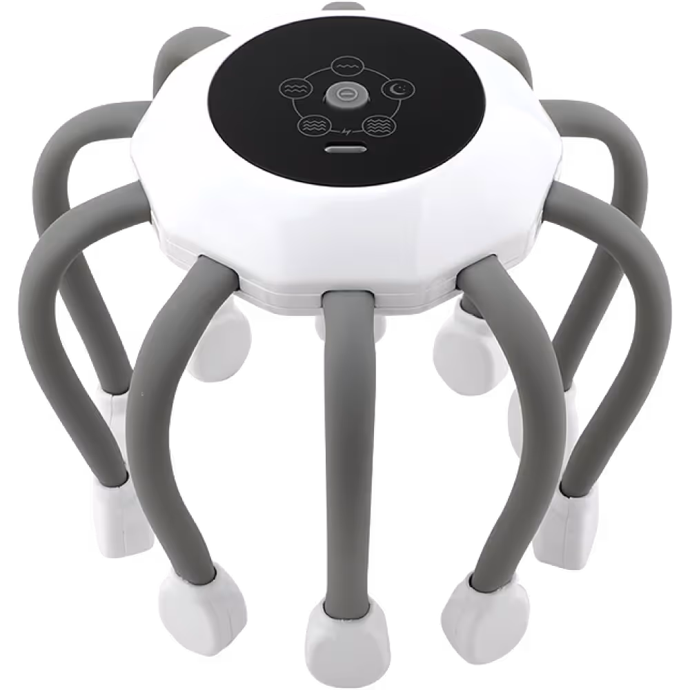 Masajeador eléctrico con base blanca y ocho patas flexibles grises con puntas blancas.