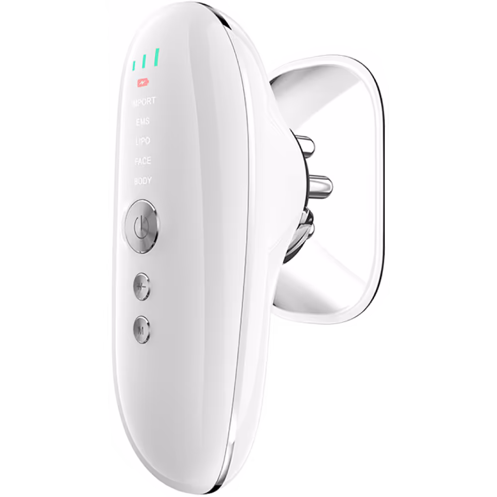 Dispositivo electrónico blanco para tratamiento corporal y facial con botones y varias opciones de modo iluminadas.