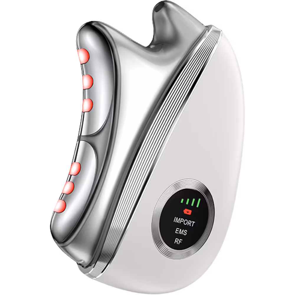 Dispositivo de cuidado facial blanco y plateado con luces LED rojas y pantalla que muestra los modos IMPORT, EMS y RF.