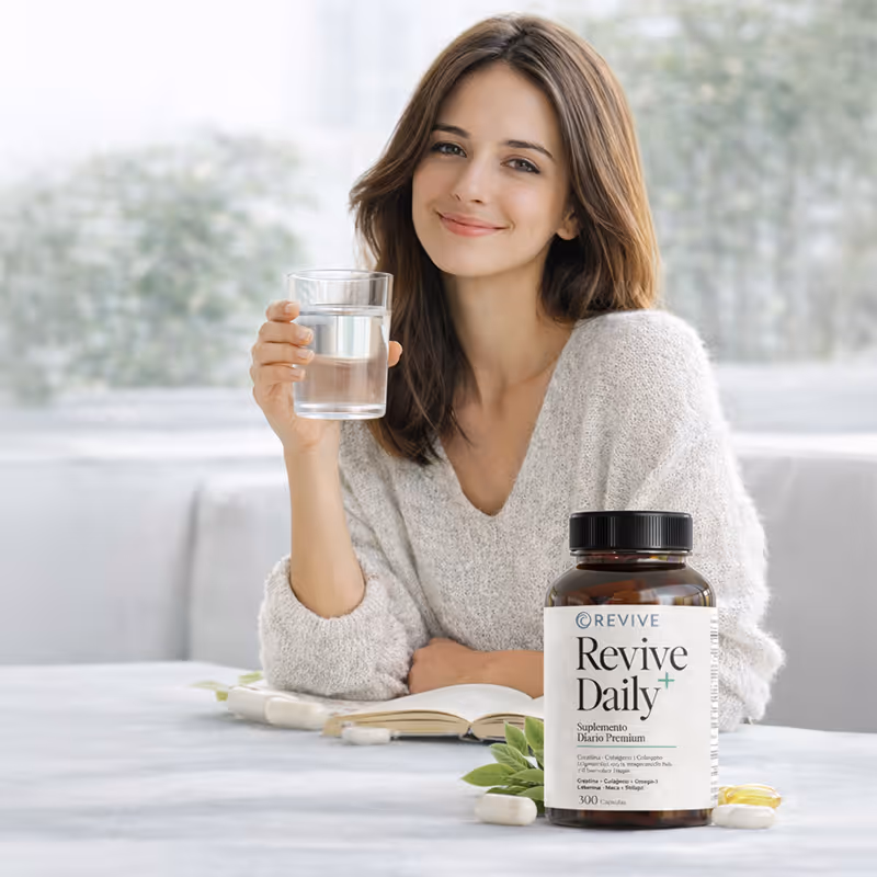 Mujer sonriente sosteniendo un vaso de agua, con un frasco de suplemento Revive Daily y cápsulas sobre la mesa.