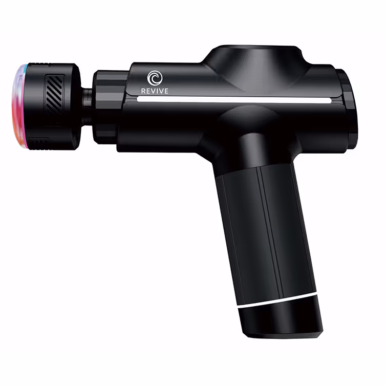 Masajeador de percusión negro con luz LED en la cabeza, marca Revive.