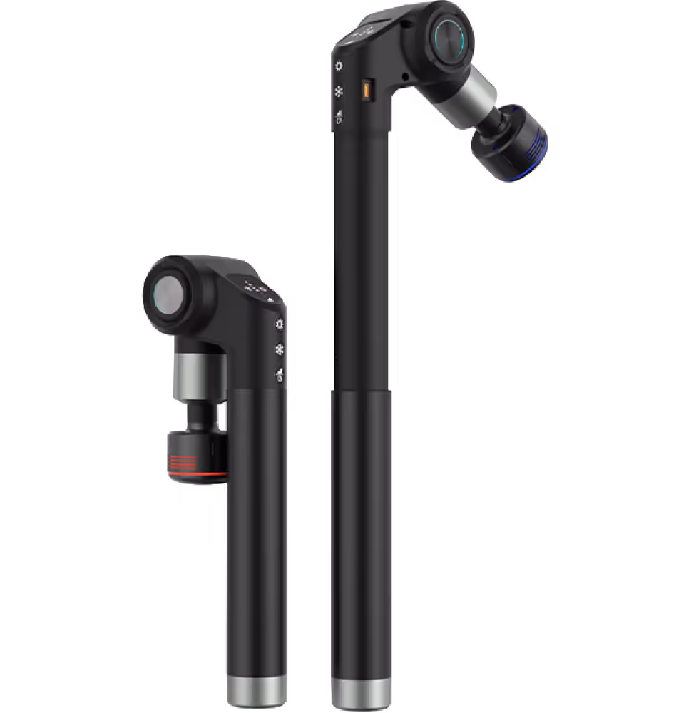 Dos pistolas de masaje de percusión negras, una en tamaño compacto y la otra extendida.