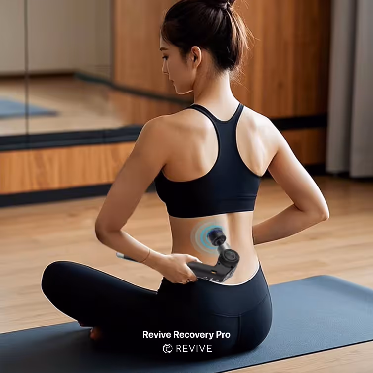 Mujer usando un dispositivo de masaje en la zona baja de la espalda mientras está sentada en una esterilla de yoga.