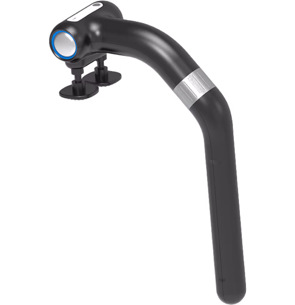 Masajeador manual negro curvado con dos cabezales de masaje y un aro azul alrededor del cabezal principal.