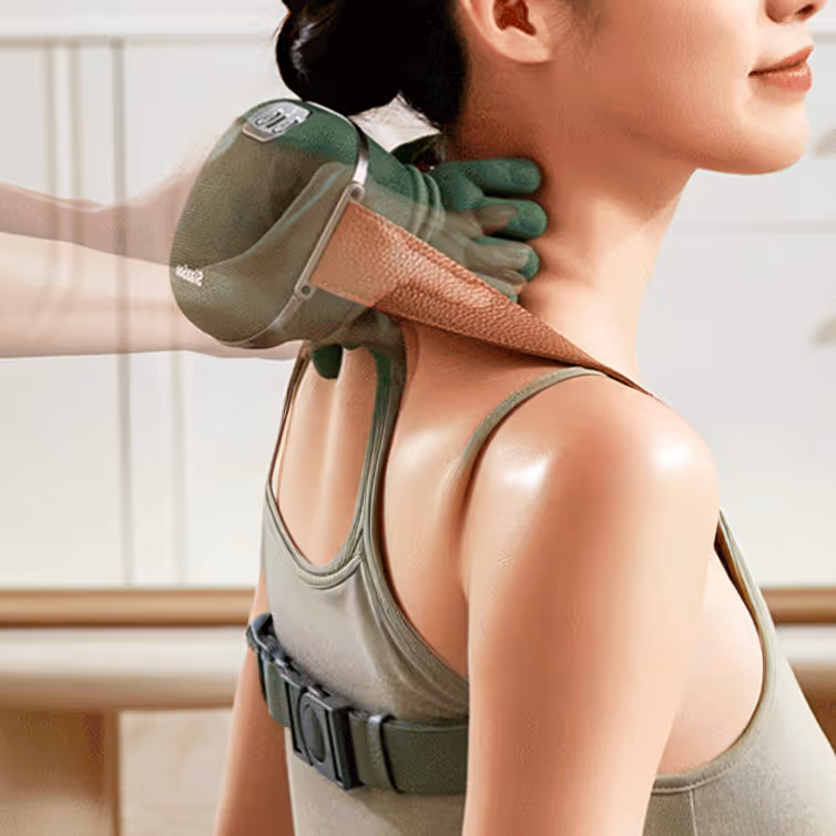 Mujer usando un masajeador eléctrico de cuello shiatsu en la parte trasera de su cuello y hombros.