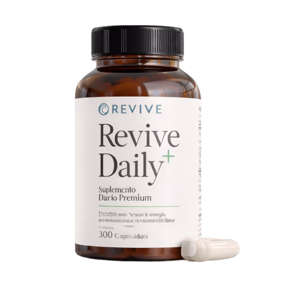 Botella marrón de suplemento Revive Daily Premium con cápsulas blancas al frente.