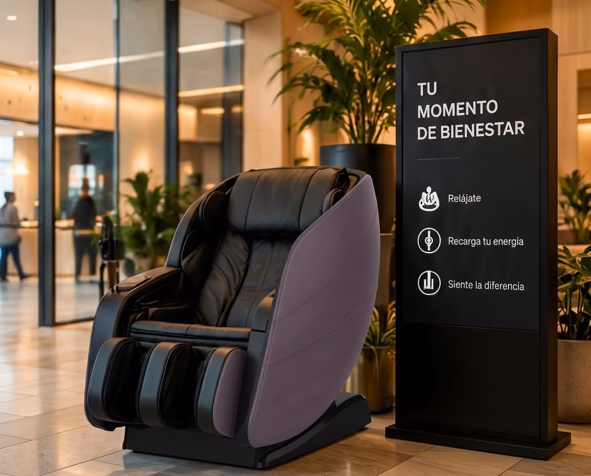 Sillón de masaje negro con laterales morados en un espacio interior con plantas, junto a un cartel negro que dice 'Tu momento de bienestar', con íconos y textos que invitan a relajarse, recargar energía y sentir la diferencia.