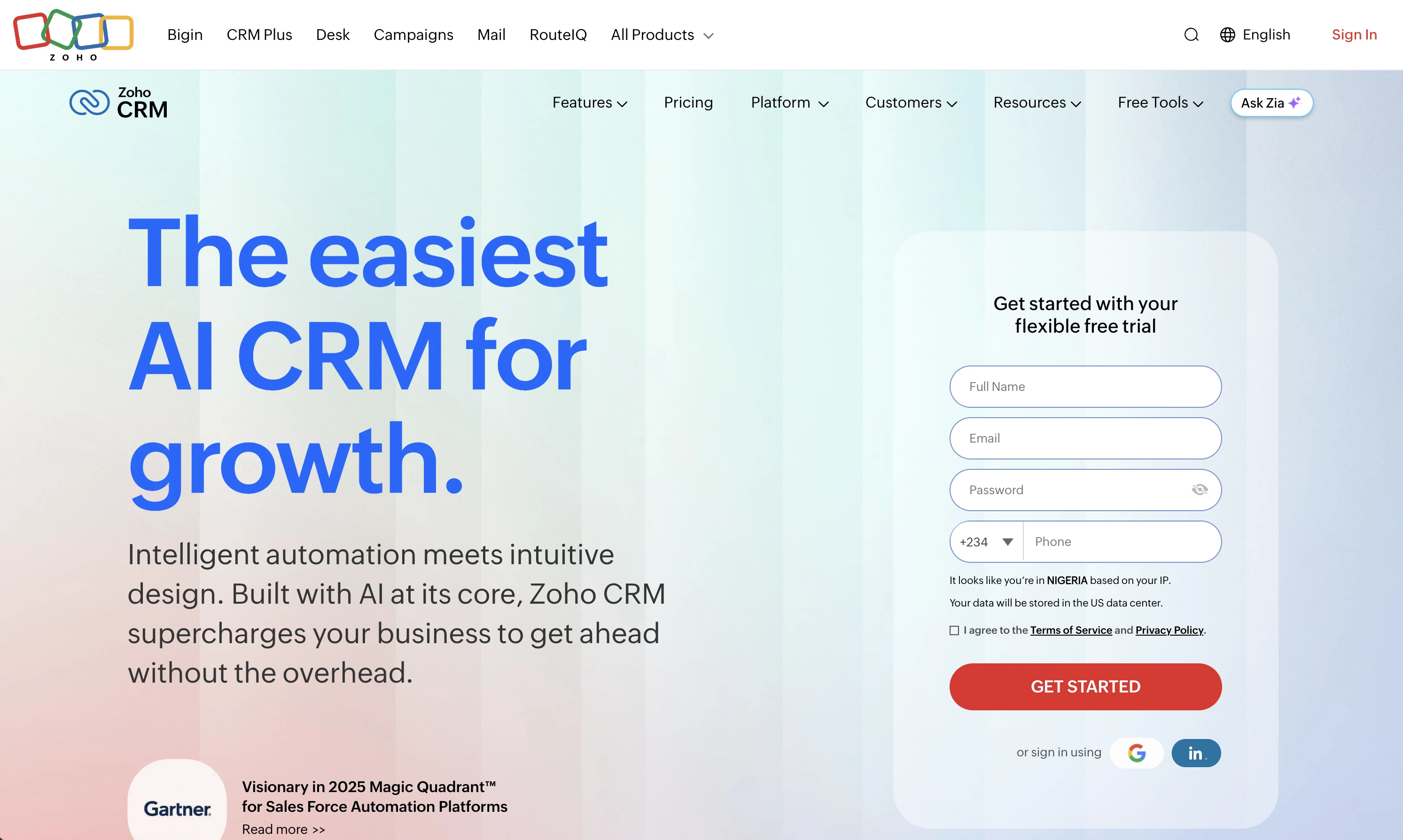 Zoho CRM website view - Customer & Sales management