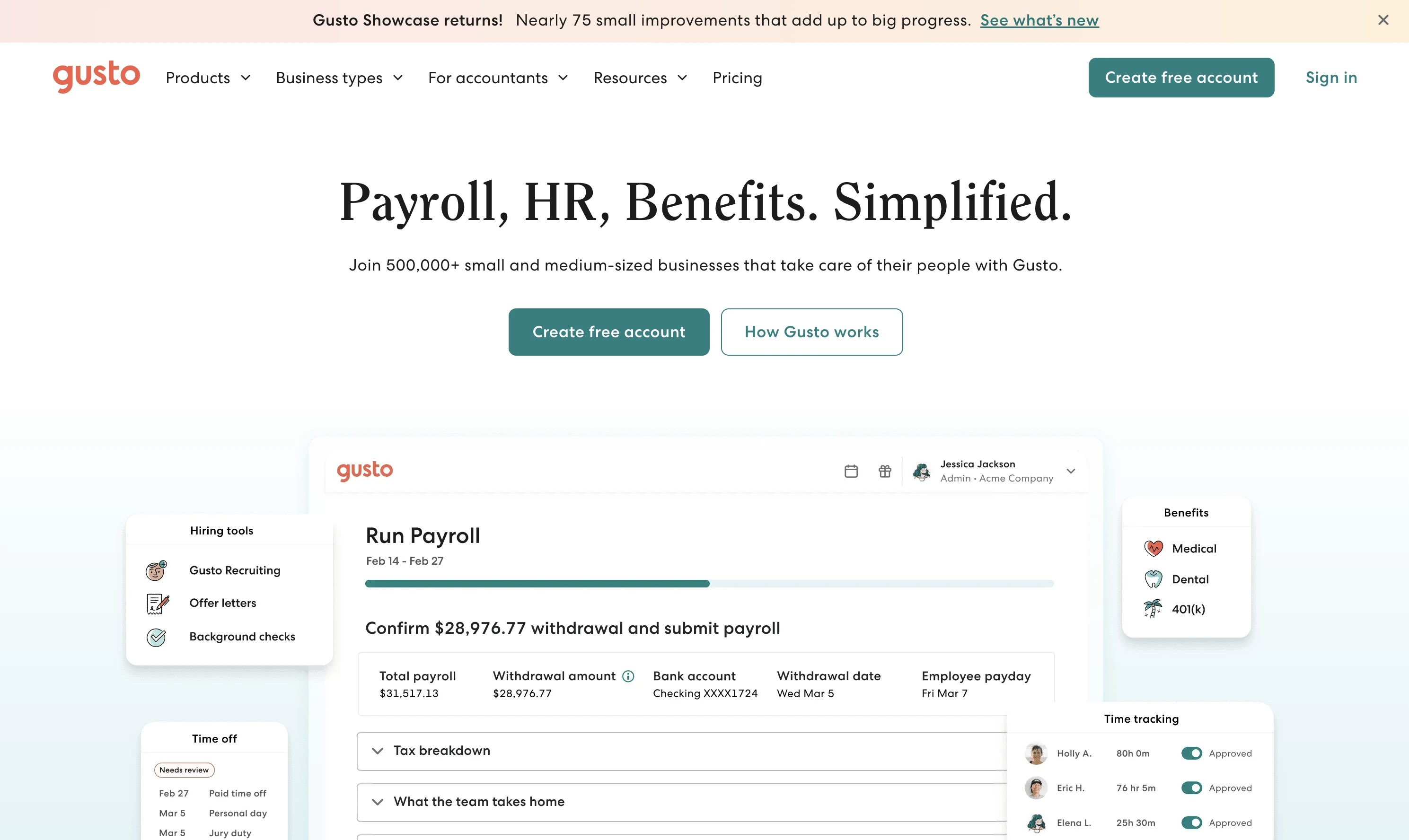 Gusto website view -  payroll & HR