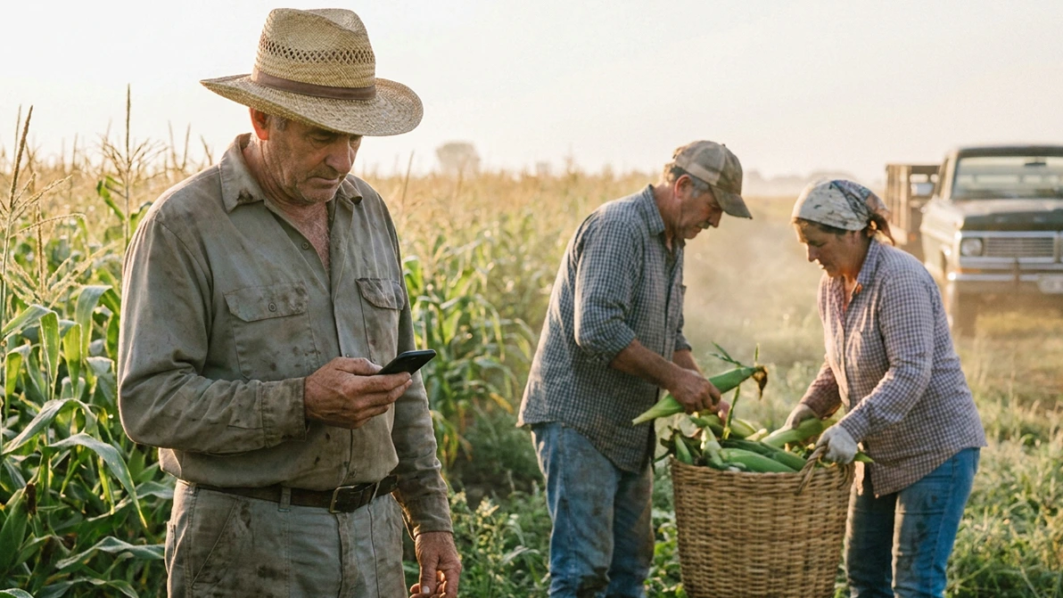 farmers ensuring harvest meet required standards with picture reference via phone 