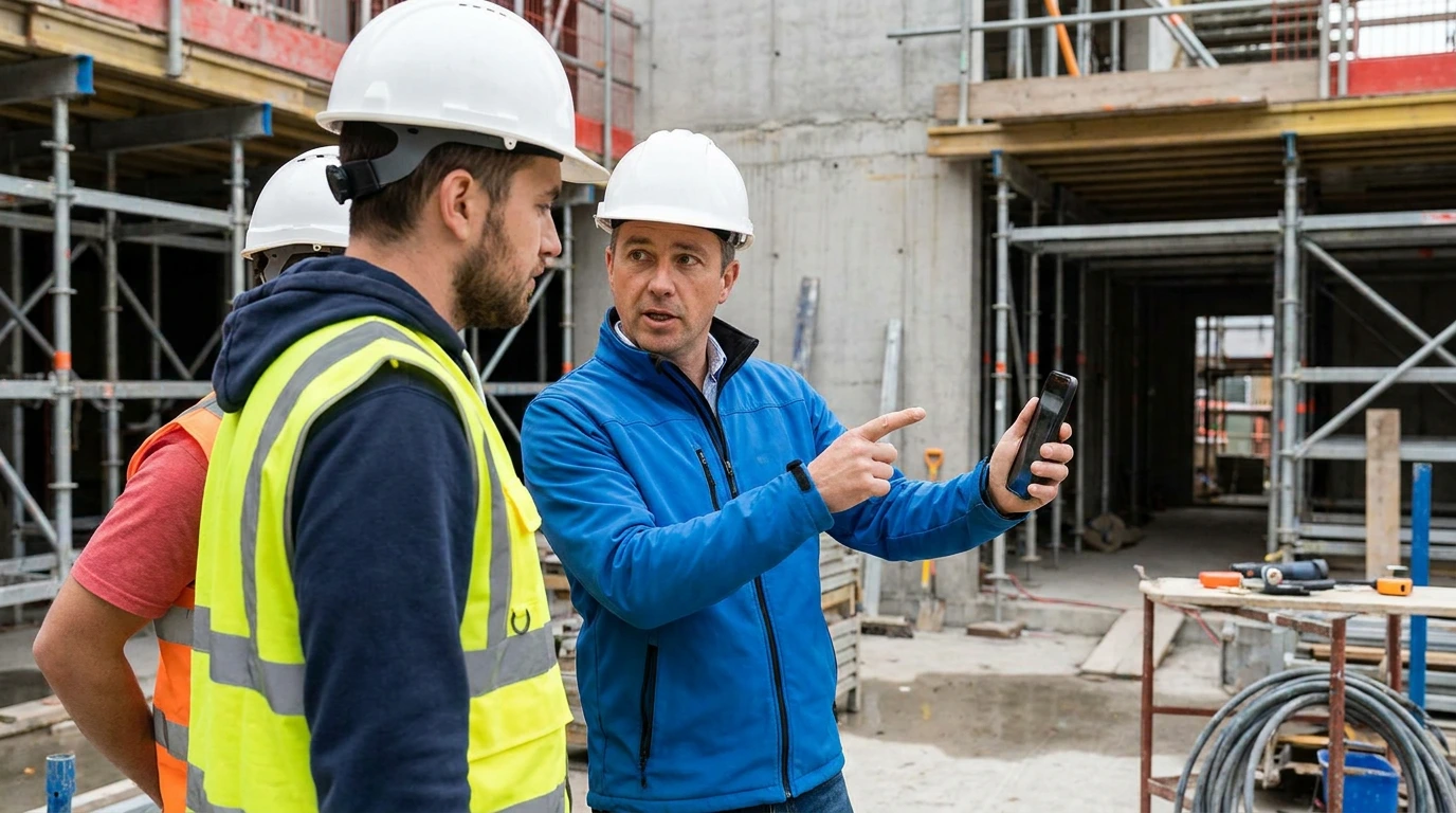 Construction crew giving instructions from Tasa app