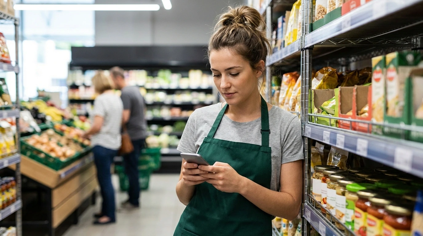 a grocery staff checking her Tasa app for next tasks