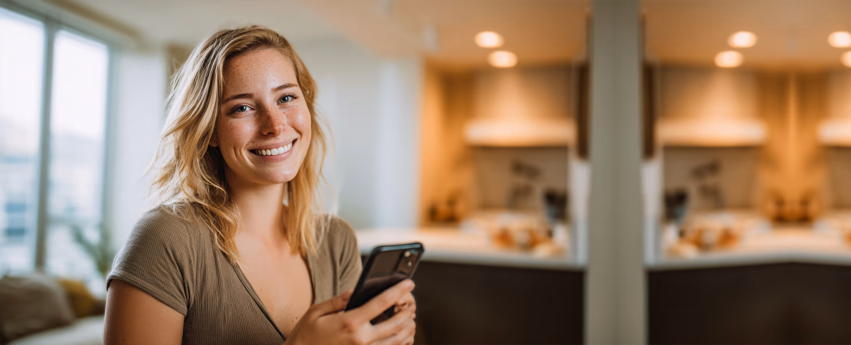 happy Airbnb host with a smile on her face while holding her phone