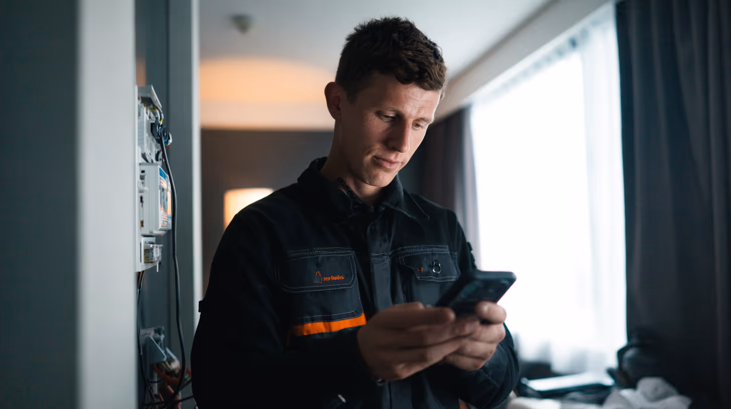 airbnb electrician cross checking his phone to confirm tasks