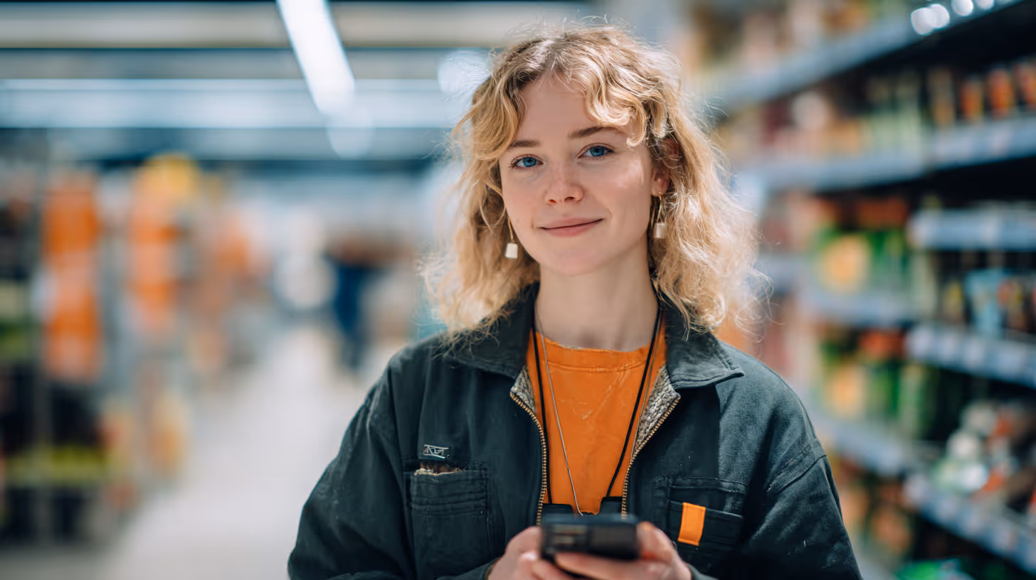 A super market staff with her phone managing tasks