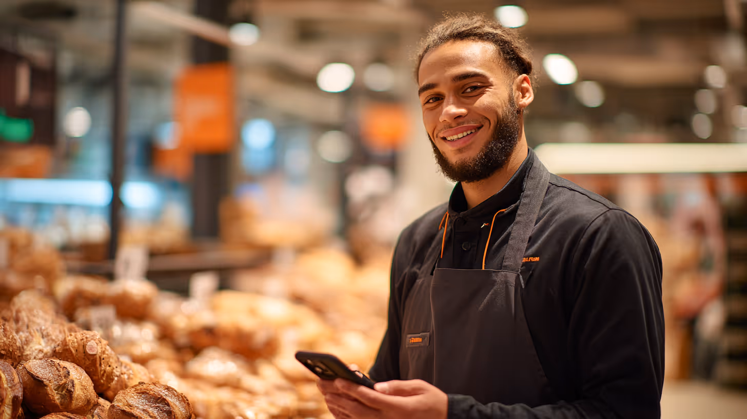A super market crew with his phone in the bakery dept