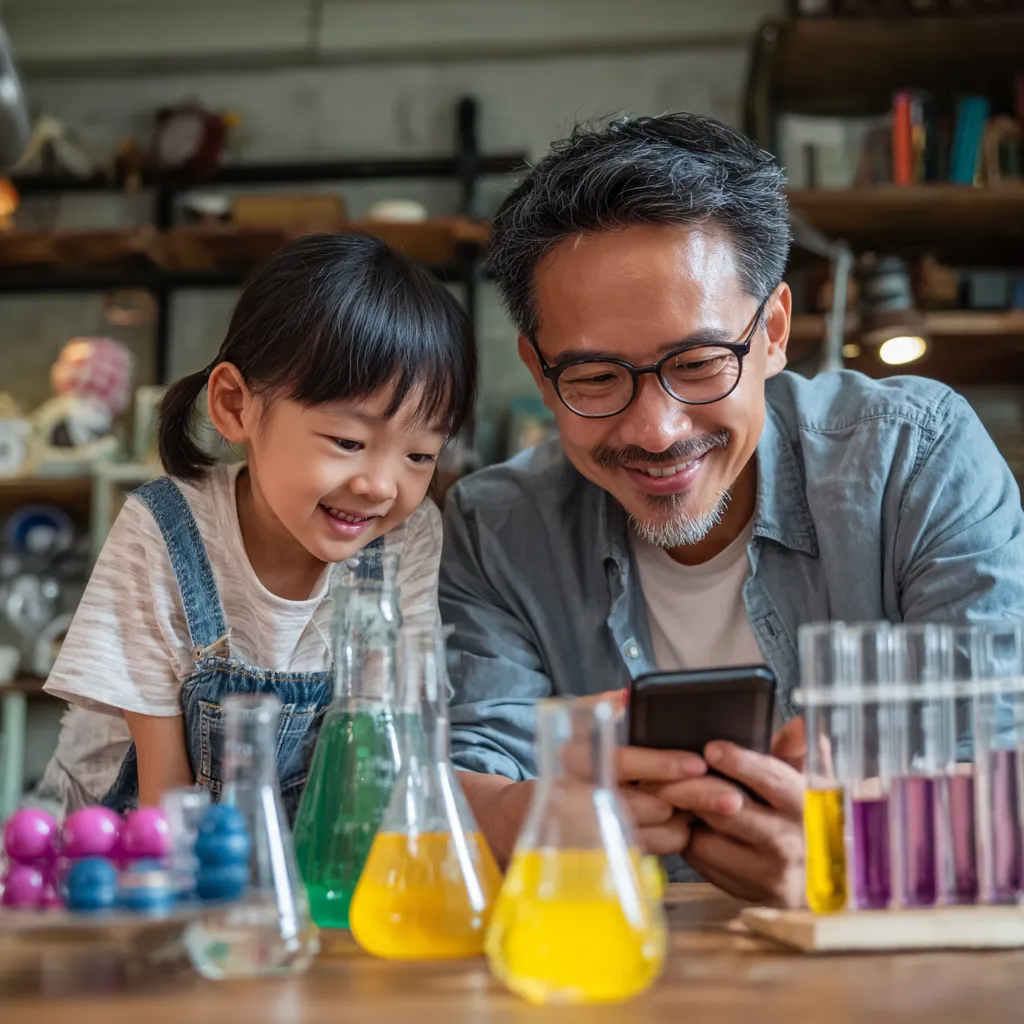 dad and daughter viewing family accountability tool via smartphone