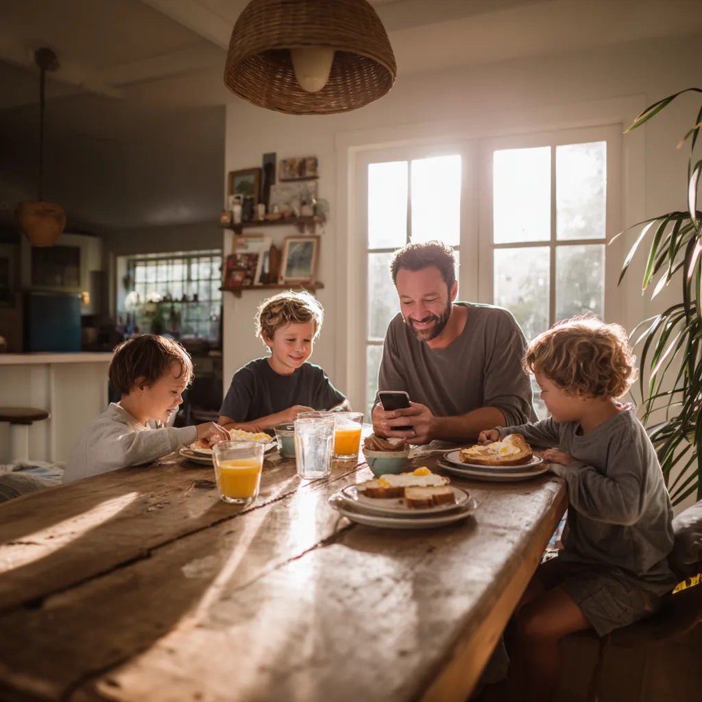 dad & kids having breakfast while viewing family hore app
