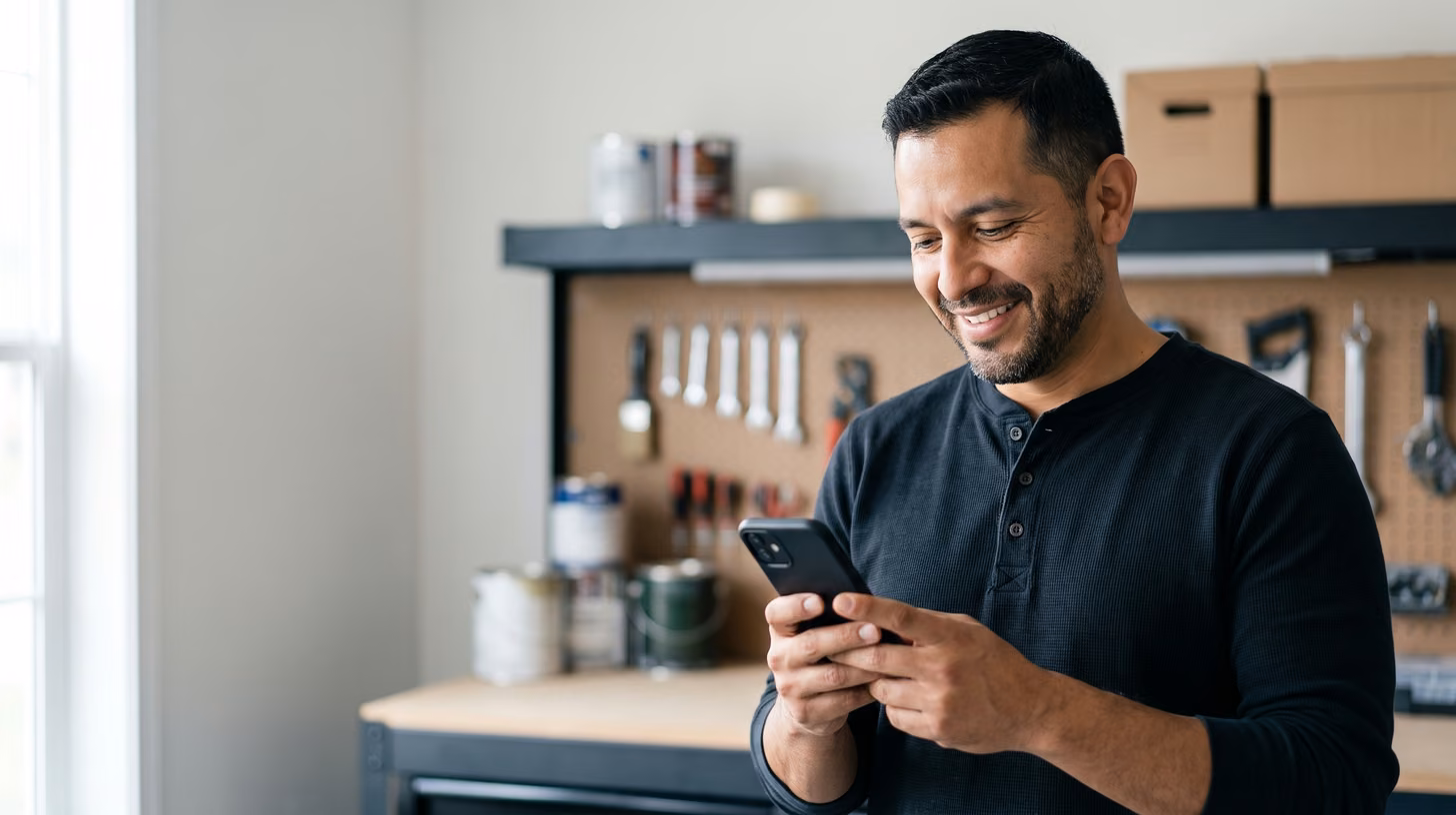 Father smiling at household tasks organized by work area in a housekeeping app